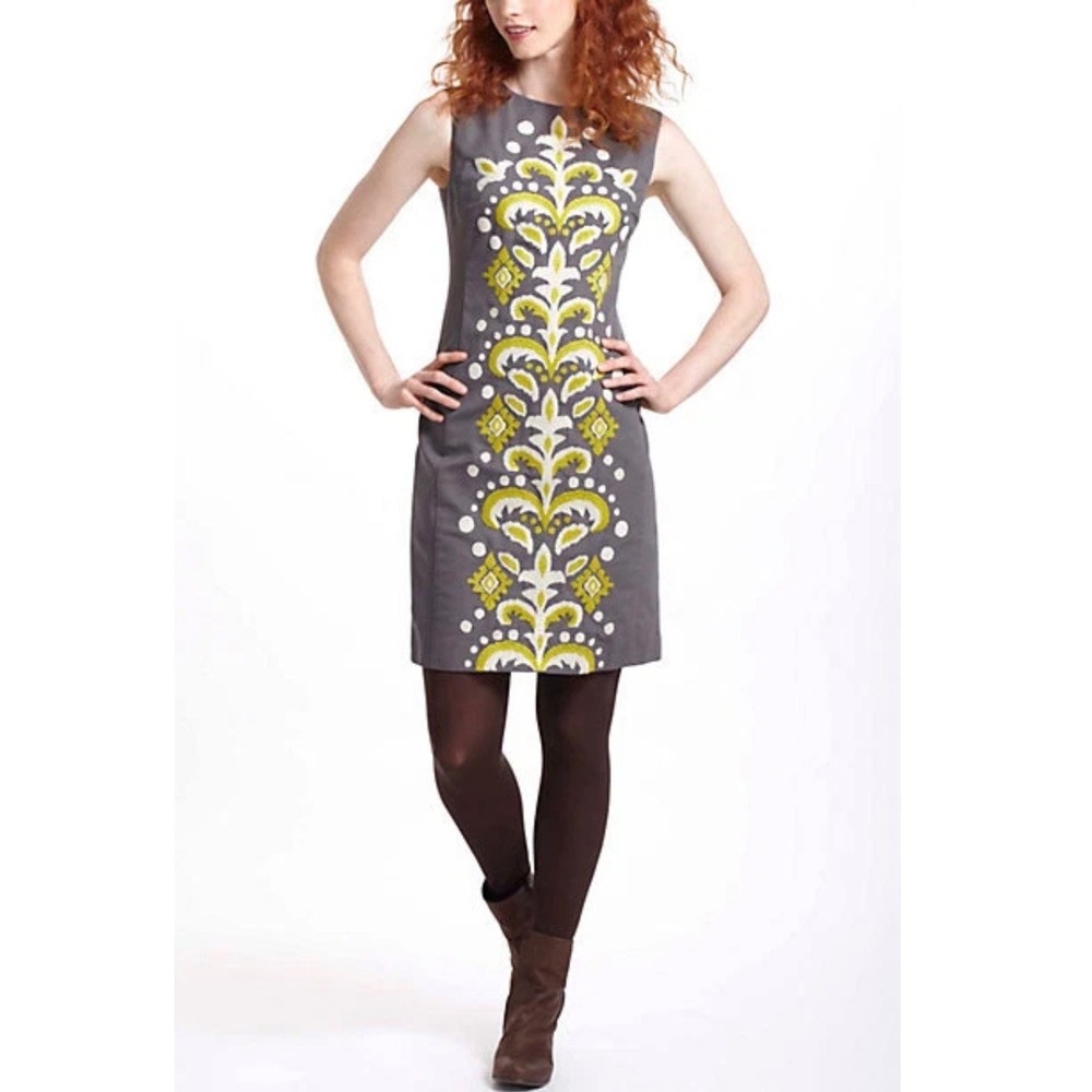 Anthropologie Tabitha Shift Dress Embroidered Fountain Floral Sleeveless Size 8